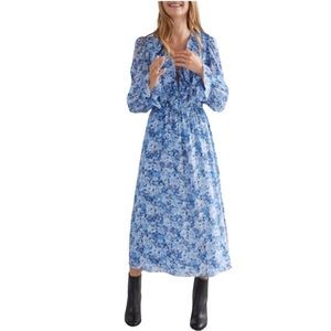 & Other Stories Voluminous Ruffle Blue Floral Viscose Cotton Midi Dress Size 12